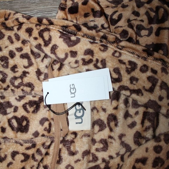 NWT UGG WOMEN'S‎ MIRANDA PLUSH HOODED BATH ROBE LEOPARD BLACK BROWN - Picture 8 of 8